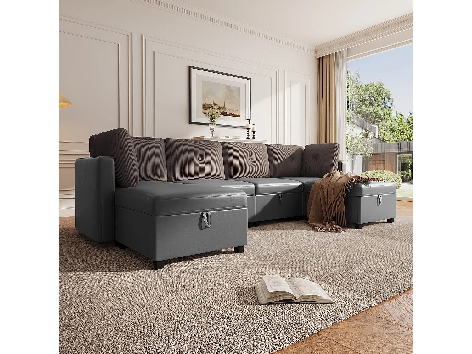 Sofa für 6 Personen in U-Form - mit Stauraum - vielseitig umwandelbar - Samt + Rippensamt - grau