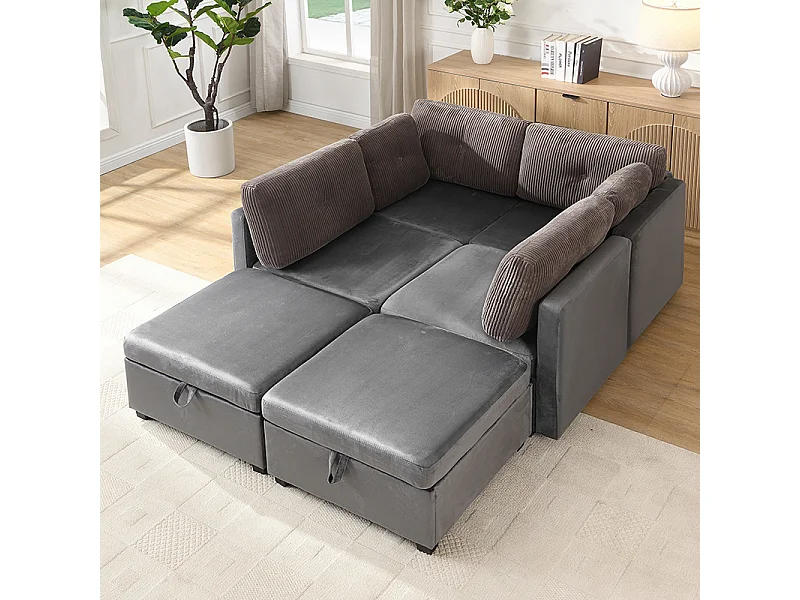 Sofa für 6 Personen in U-Form - mit Stauraum - vielseitig umwandelbar - Samt + Rippensamt - grau