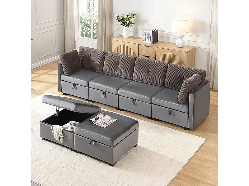 Sofa für 6 Personen in U-Form - mit Stauraum - vielseitig umwandelbar - Samt + Rippensamt - grau