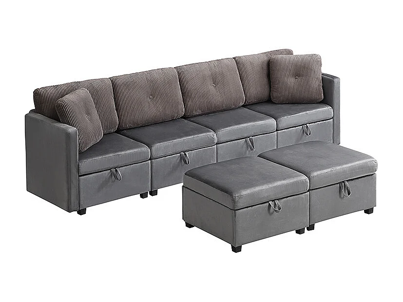 Sofa für 6 Personen in U-Form - mit Stauraum - vielseitig umwandelbar - Samt + Rippensamt - grau