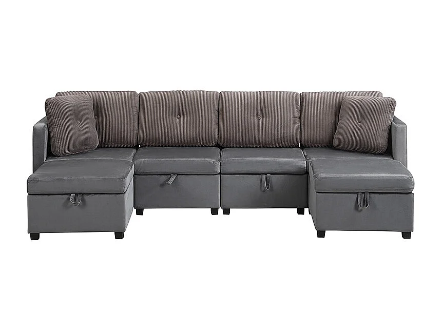 Sofa für 6 Personen in U-Form - mit Stauraum - vielseitig umwandelbar - Samt + Rippensamt - grau