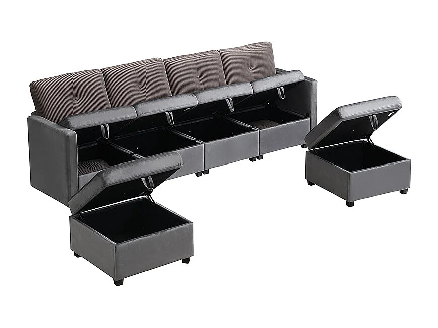 Sofa für 6 Personen in U-Form - mit Stauraum - vielseitig umwandelbar - Samt + Rippensamt - grau