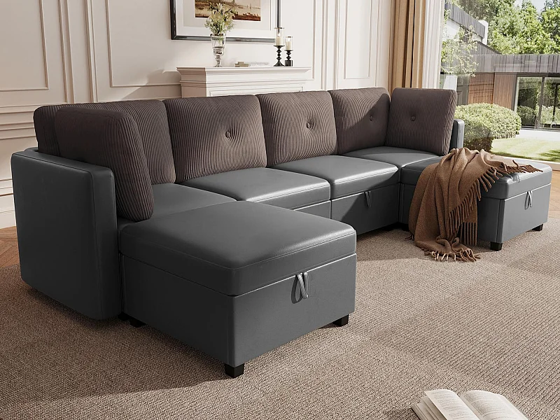 Sofa für 6 Personen in U-Form - mit Stauraum - vielseitig umwandelbar - Samt + Rippensamt - grau