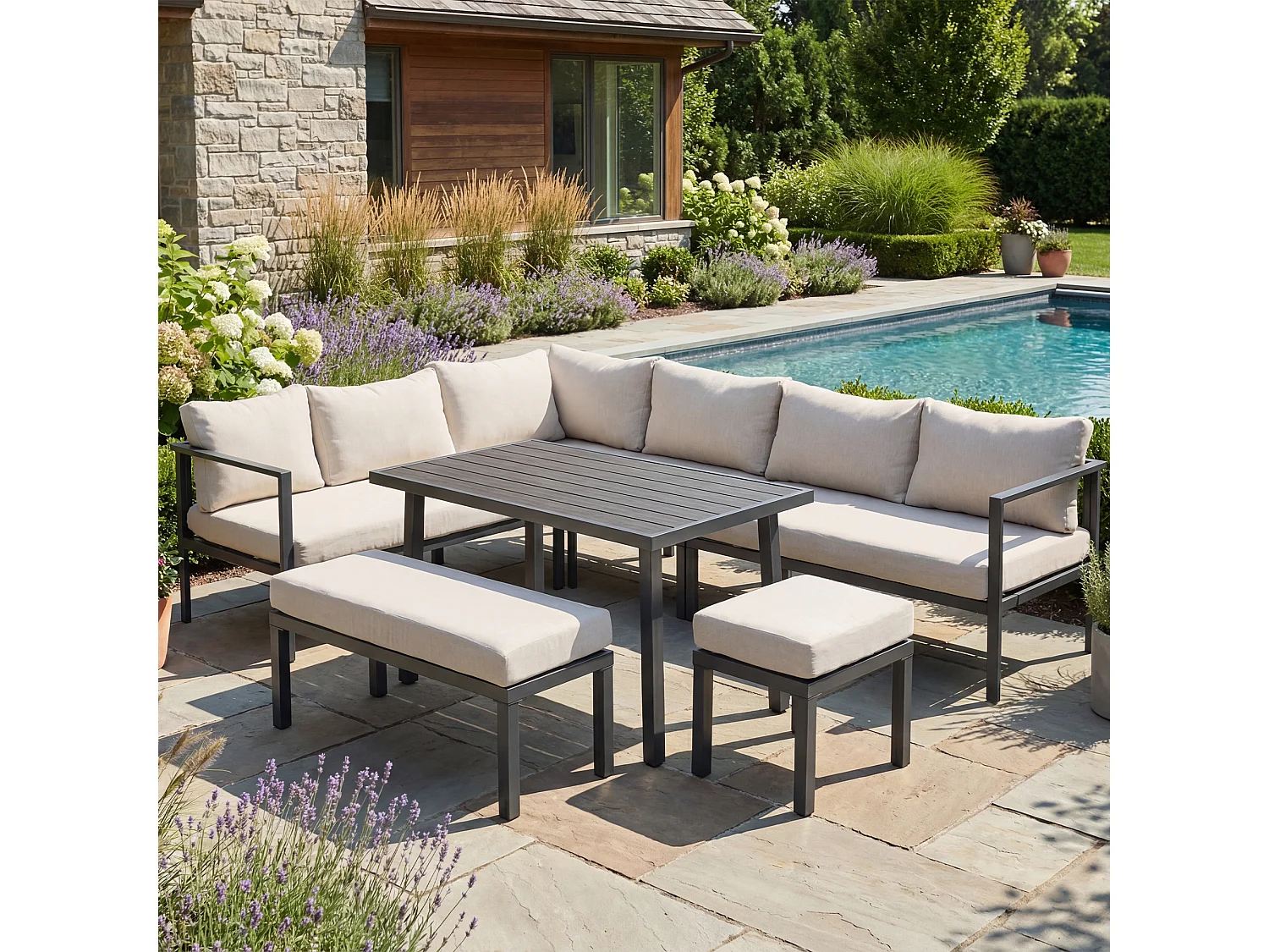 Zestaw mebli ogrodowych 9-osobowy - sofa + stół + ławka + hoker - wykonany z ocynkowanej rury stalowej - szary