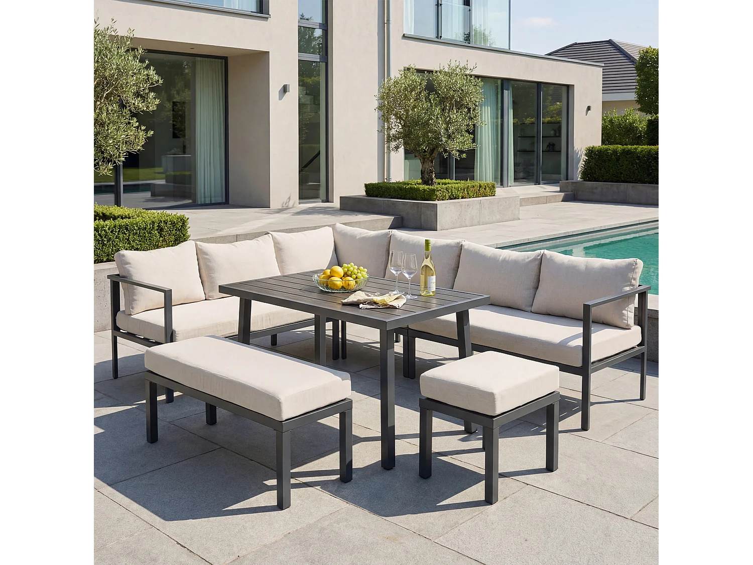 Zestaw mebli ogrodowych 9-osobowy - sofa + stół + ławka + hoker - wykonany z ocynkowanej rury stalowej - szary