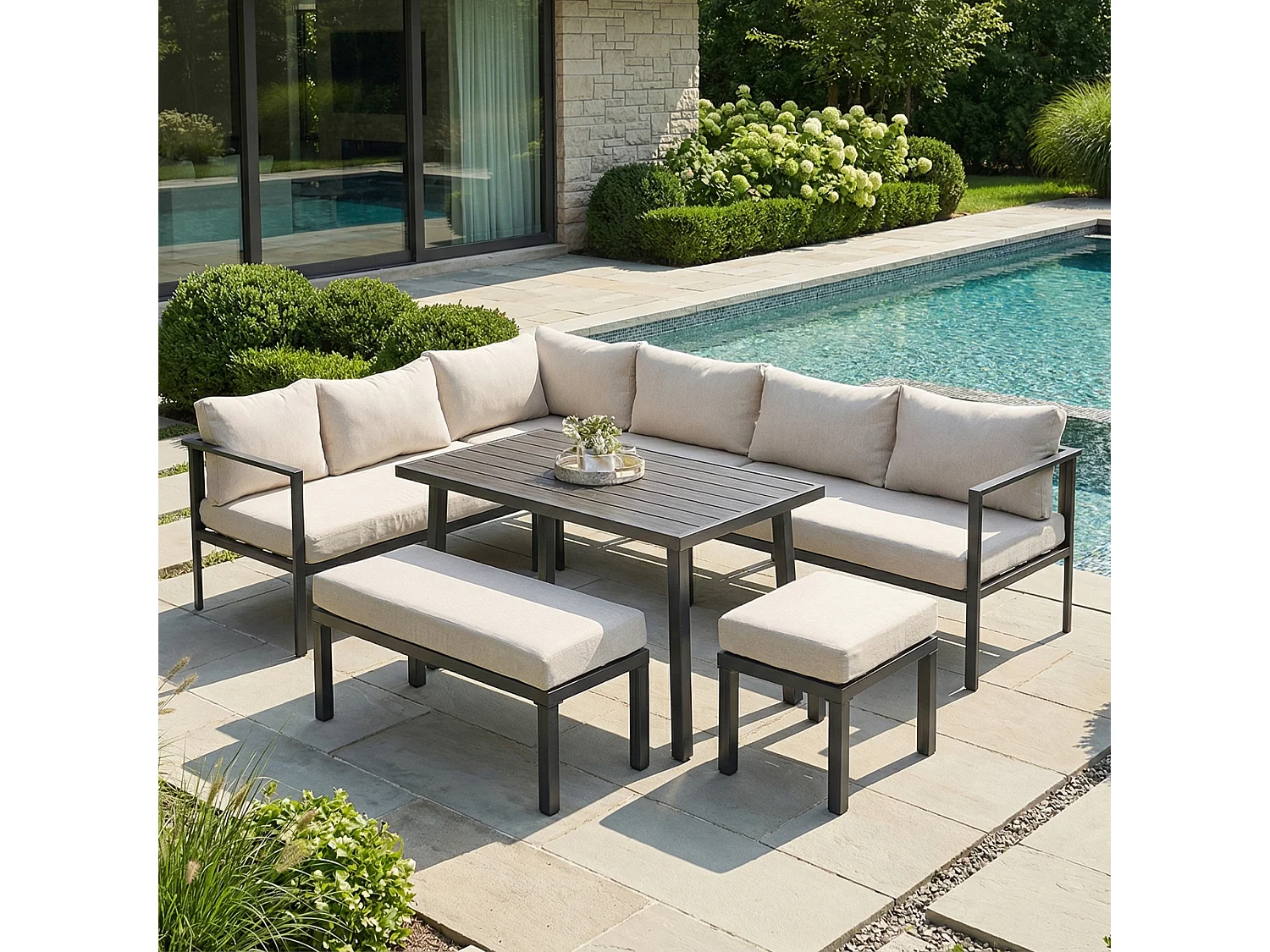 Zestaw mebli ogrodowych 9-osobowy - sofa + stół + ławka + hoker - wykonany z ocynkowanej rury stalowej - szary