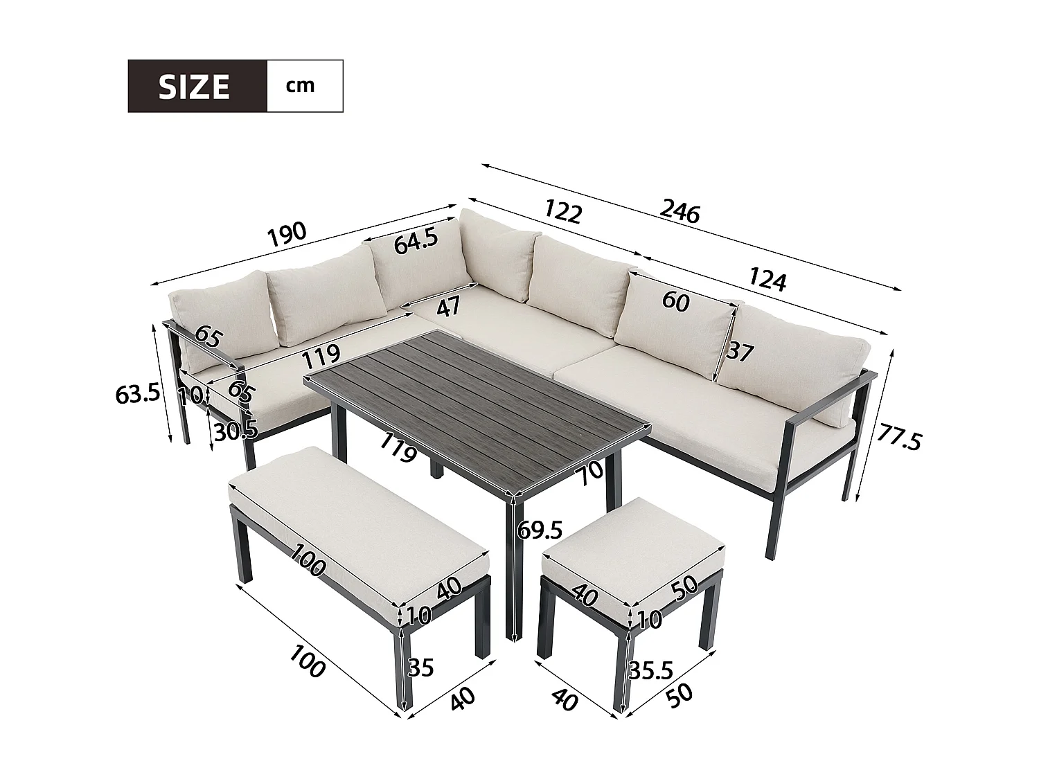 Zestaw mebli ogrodowych 9-osobowy - sofa + stół + ławka + hoker - wykonany z ocynkowanej rury stalowej - szary
