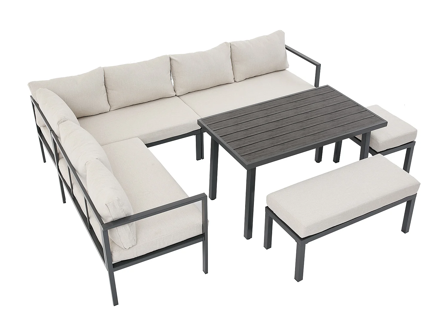 Zestaw mebli ogrodowych 9-osobowy - sofa + stół + ławka + hoker - wykonany z ocynkowanej rury stalowej - szary