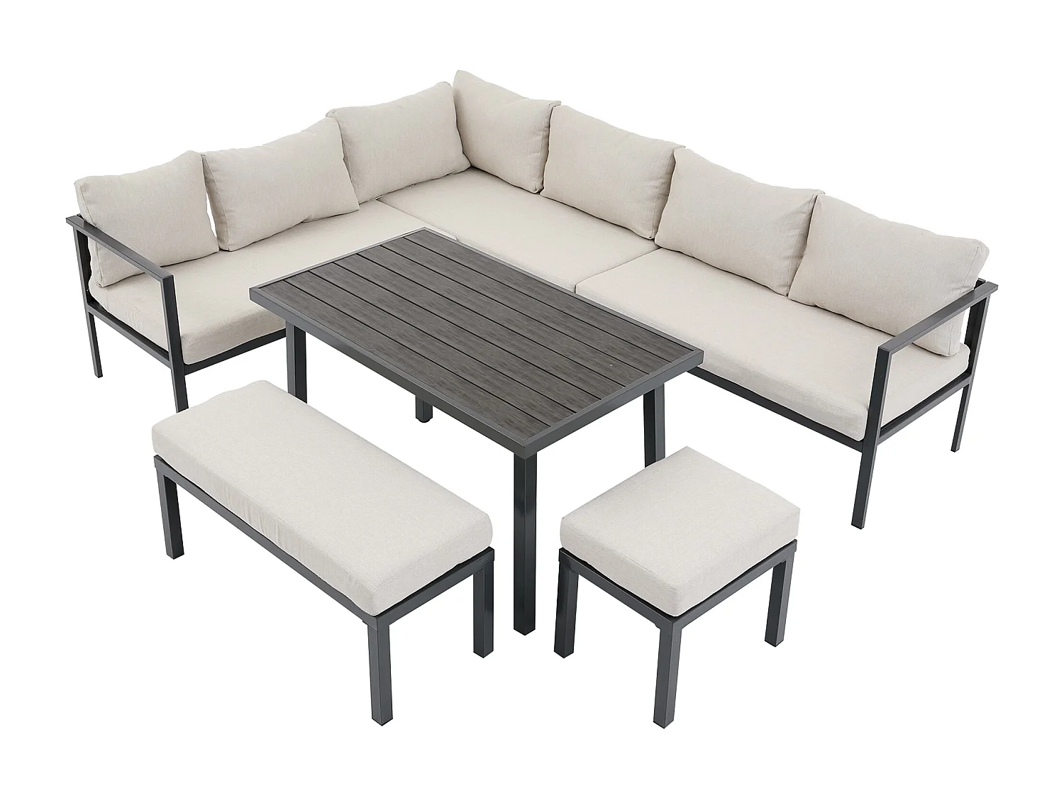 Zestaw mebli ogrodowych 9-osobowy - sofa + stół + ławka + hoker - wykonany z ocynkowanej rury stalowej - szary