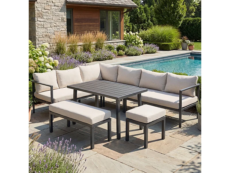 9-persoons tuinset - met bank + tafel + zitbank + kruk - gemaakt van gegalvaniseerde stalen buizen - grijs