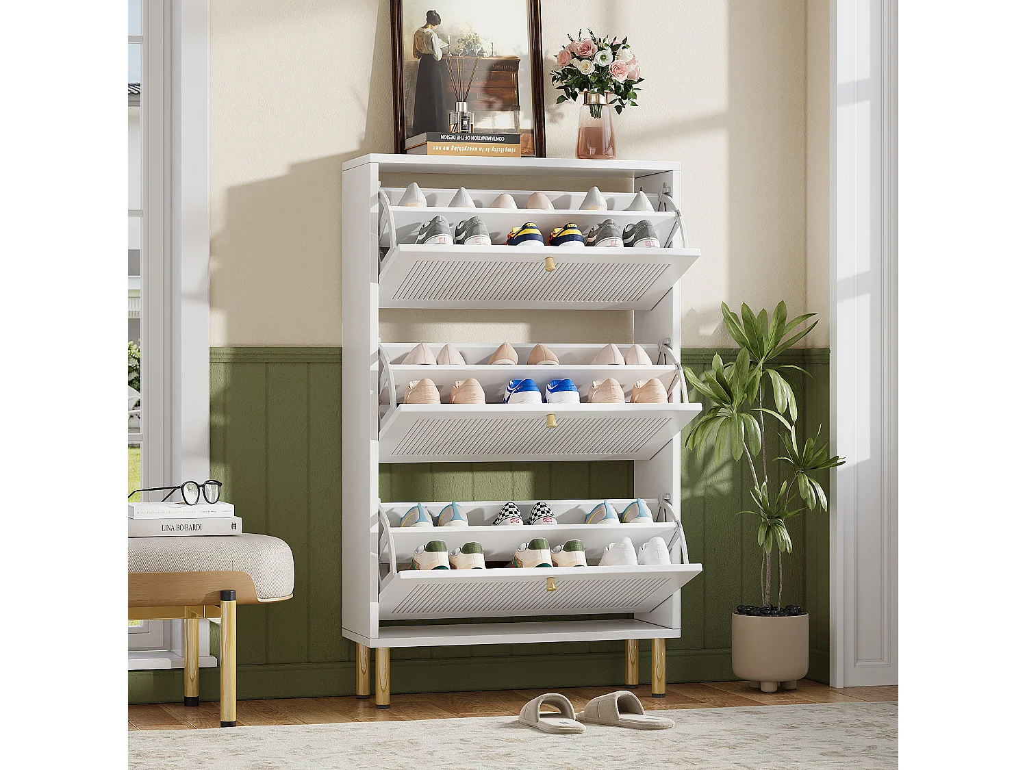 Meuble à chaussures avec 3 portes abattantes rainurées - 73 x 23 x 125 cm - avec 6 étagères - MDF + aggloméré - blanc