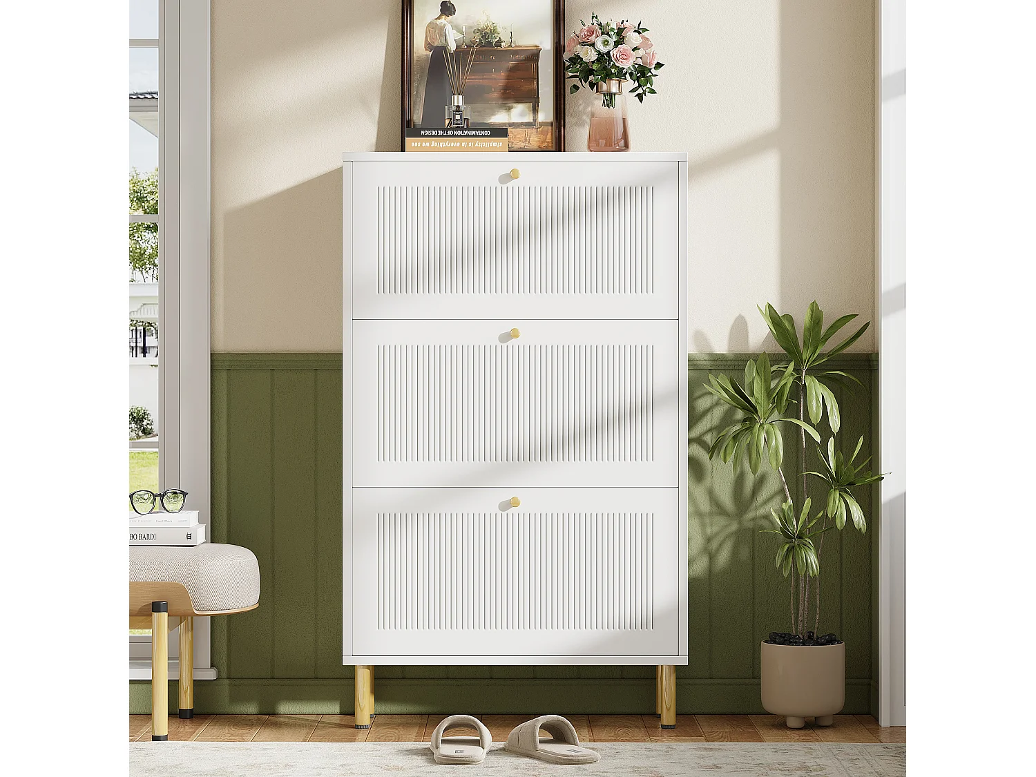 Meuble à chaussures avec 3 portes abattantes rainurées - 73 x 23 x 125 cm - avec 6 étagères - MDF + aggloméré - blanc