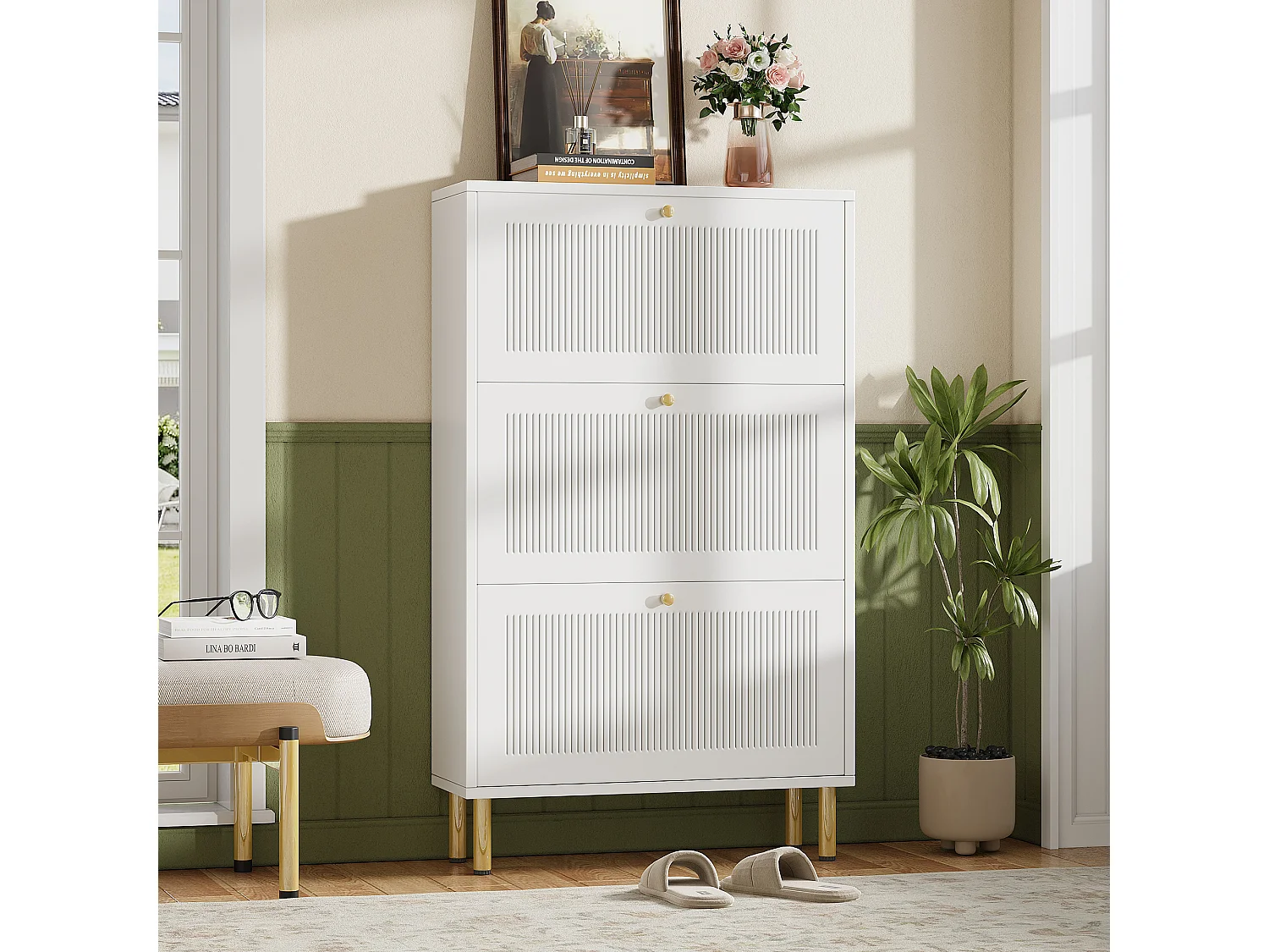 Meuble à chaussures avec 3 portes abattantes rainurées - 73 x 23 x 125 cm - avec 6 étagères - MDF + aggloméré - blanc