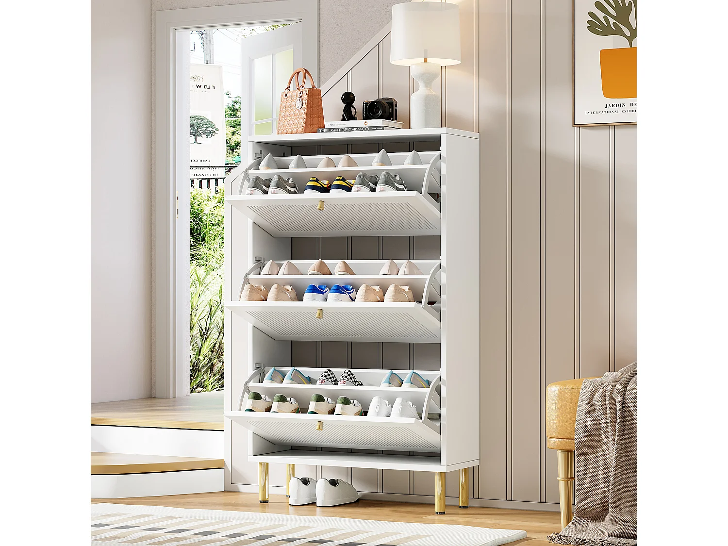 Meuble à chaussures avec 3 portes abattantes rainurées - 73 x 23 x 125 cm - avec 6 étagères - MDF + aggloméré - blanc