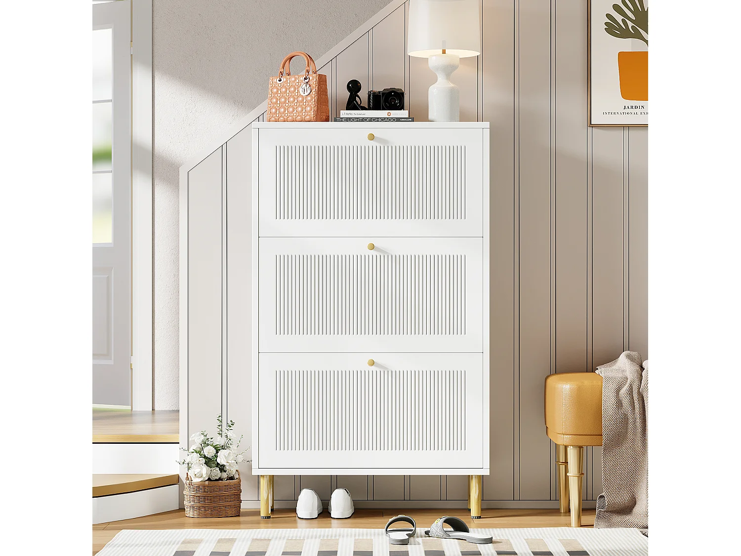 Meuble à chaussures avec 3 portes abattantes rainurées - 73 x 23 x 125 cm - avec 6 étagères - MDF + aggloméré - blanc