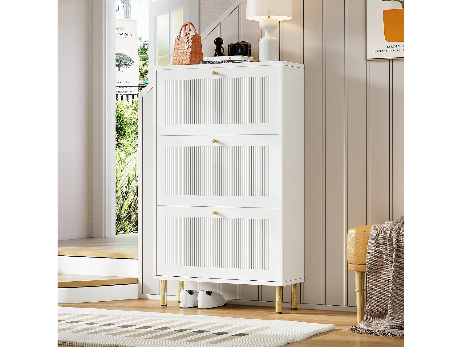 Meuble à chaussures avec 3 portes abattantes rainurées - 73 x 23 x 125 cm - avec 6 étagères - MDF + aggloméré - blanc