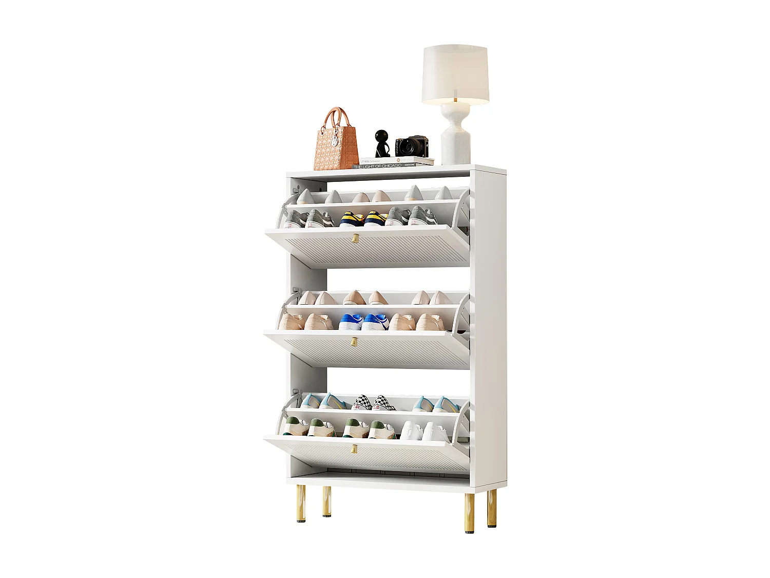 Meuble à chaussures avec 3 portes abattantes rainurées - 73 x 23 x 125 cm - avec 6 étagères - MDF + aggloméré - blanc