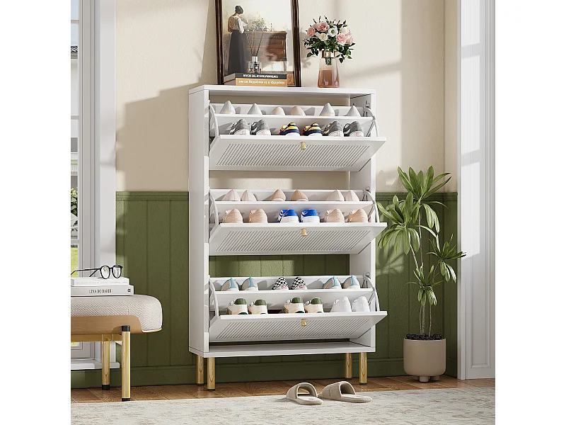 Meuble à chaussures avec 3 portes abattantes rainurées - 73 x 23 x 125 cm - avec 6 étagères - MDF + aggloméré - blanc