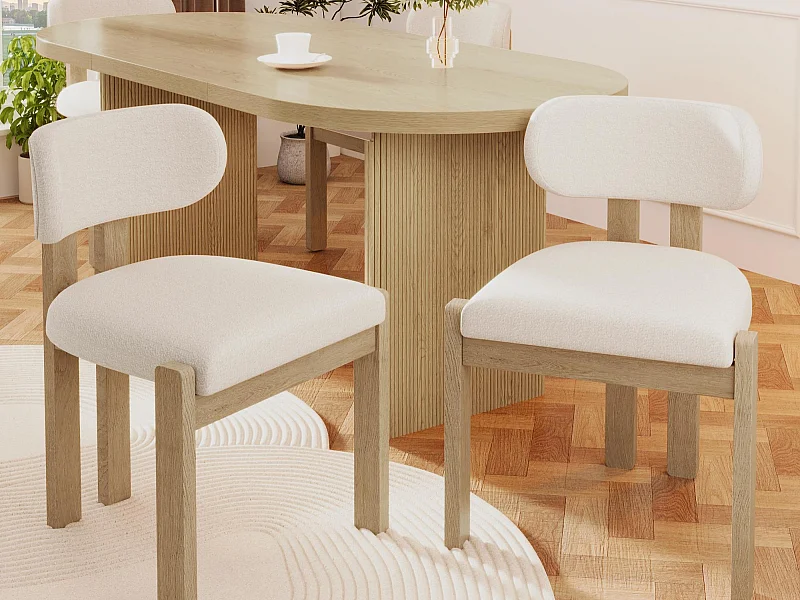 Satz mit 4 Massivholz-Stühlen - Moderner Stil - Bequeme Rückenlehne - Gestell aus Massivholz - Bouclé-Stoff - Natur