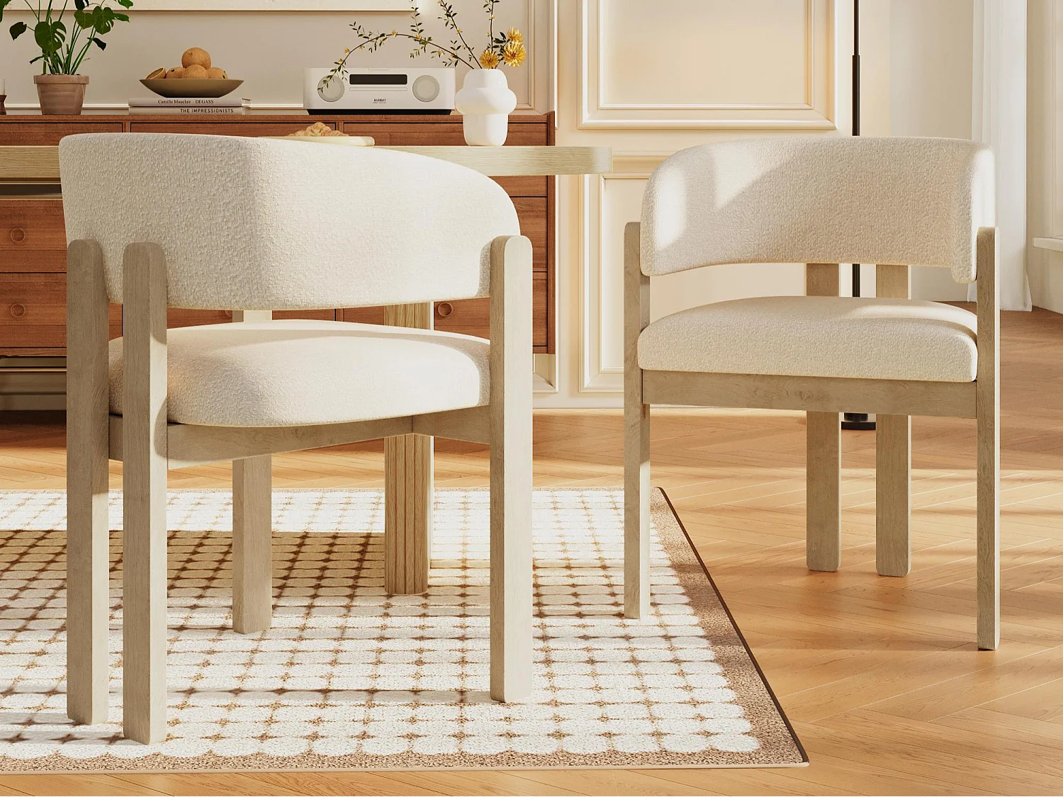 Kit di 2 sedie in legno massello con braccioli - Struttura in legno massello - Tessuto bouclé - Naturale