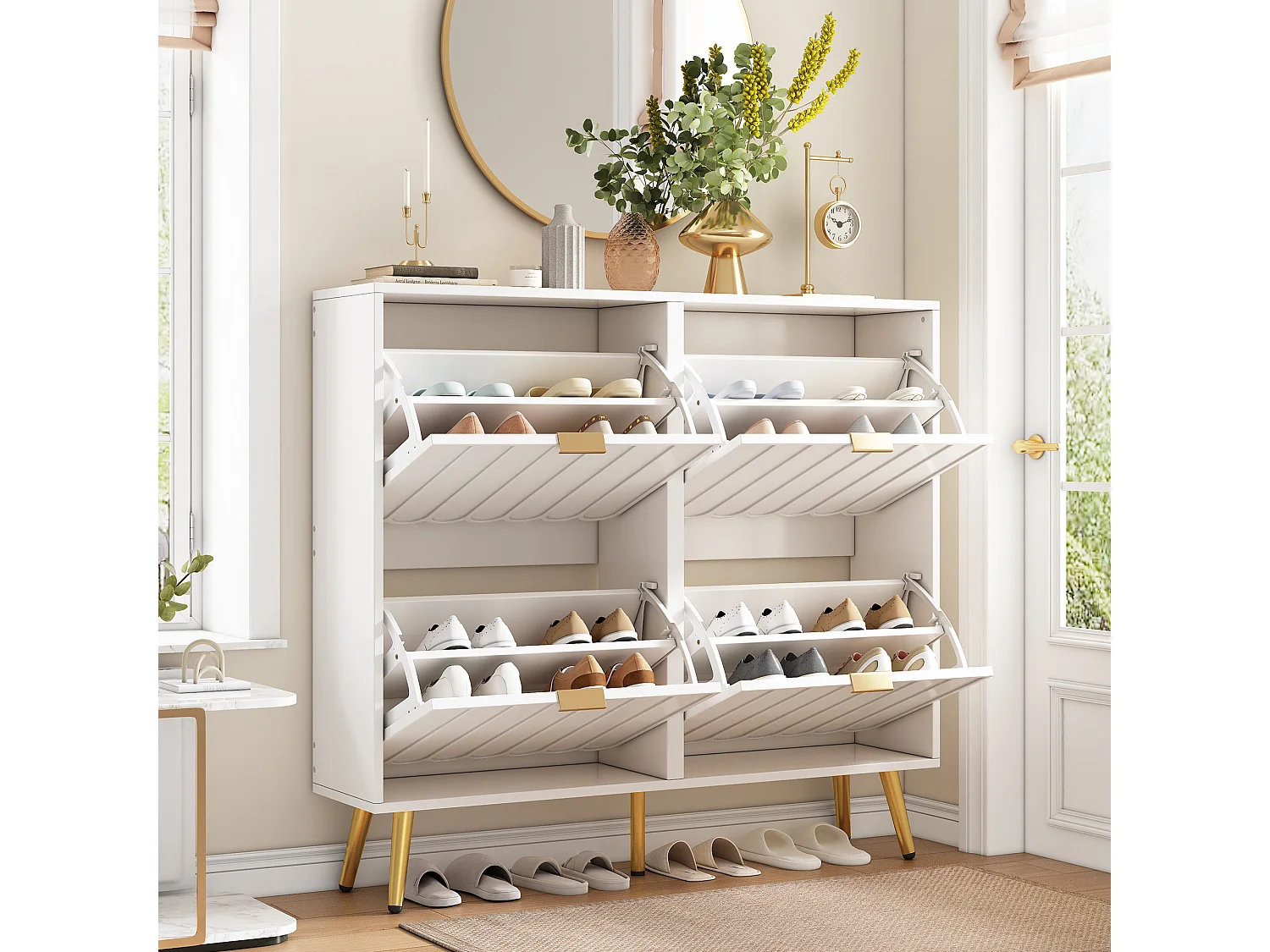 Meuble à chaussures moderne - 100 x 24 x 91.5 cm - avec 4 portes - MDF + aggloméré - blanc