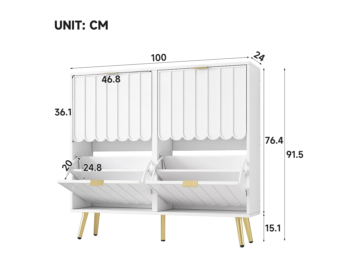 Meuble à chaussures moderne - 100 x 24 x 91.5 cm - avec 4 portes - MDF + aggloméré - blanc