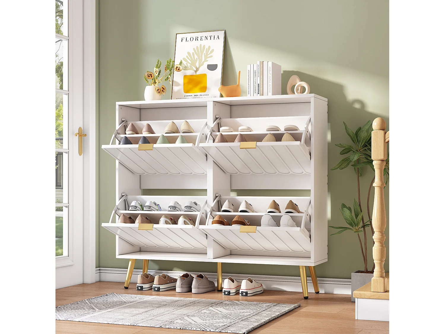 Meuble à chaussures moderne - 100 x 24 x 91.5 cm - avec 4 portes - MDF + aggloméré - blanc