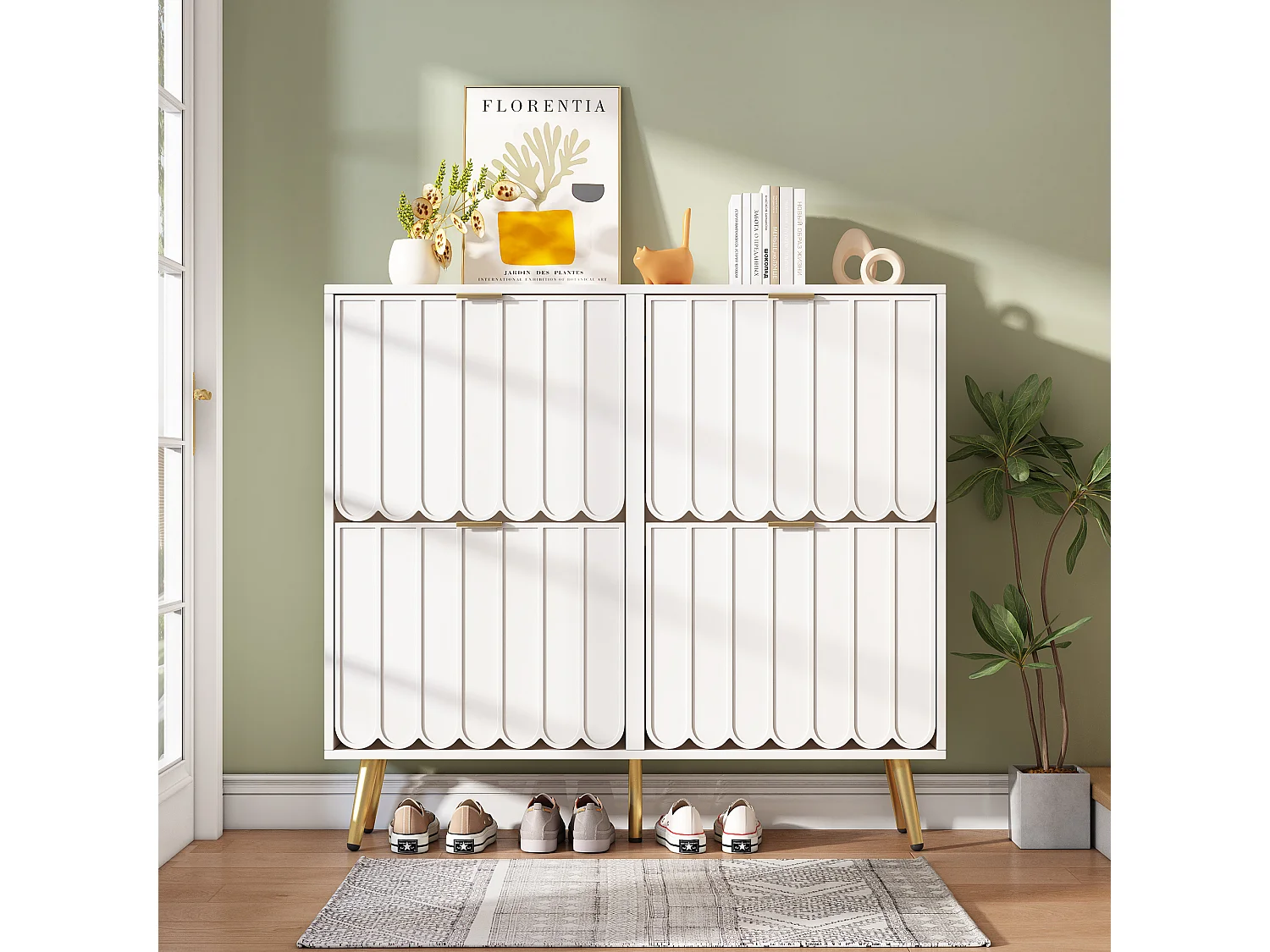 Meuble à chaussures moderne - 100 x 24 x 91.5 cm - avec 4 portes - MDF + aggloméré - blanc