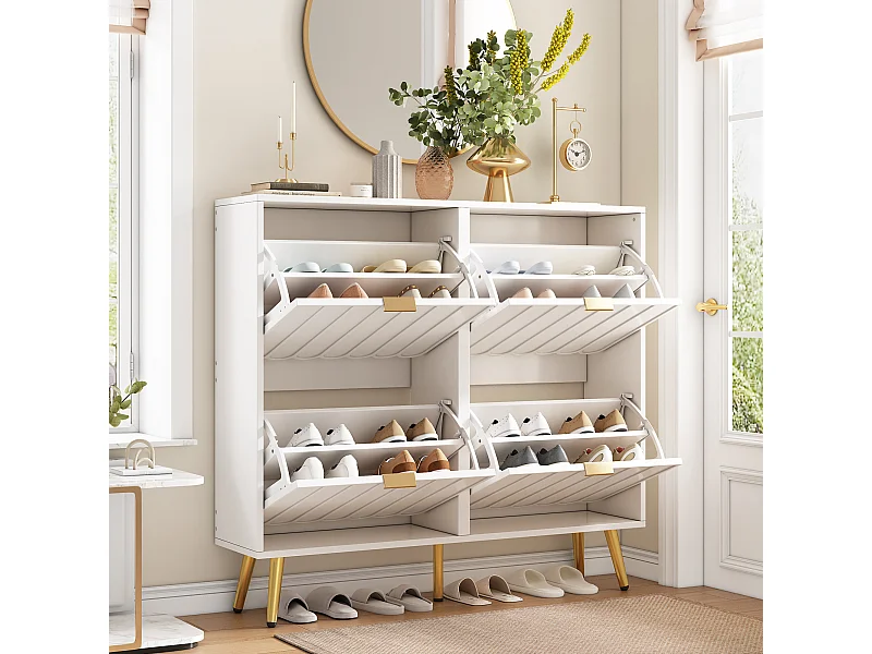 Meuble à chaussures moderne - 100 x 24 x 91.5 cm - avec 4 portes - MDF + aggloméré - blanc