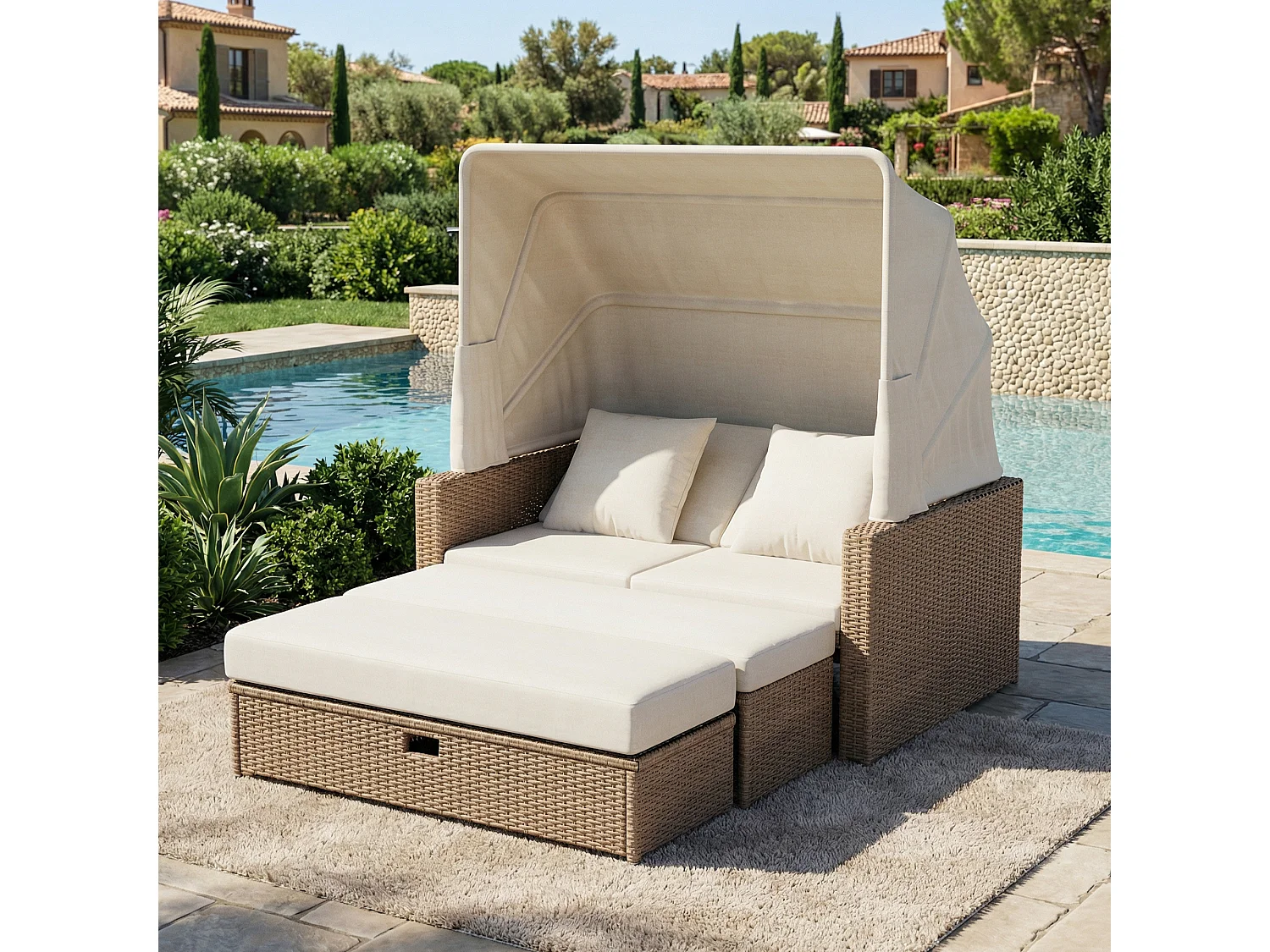 Ensemble salon de jardin 2-4 places - avec canapé extensible + table + auvent amovible - rotin PE et mousse - kaki