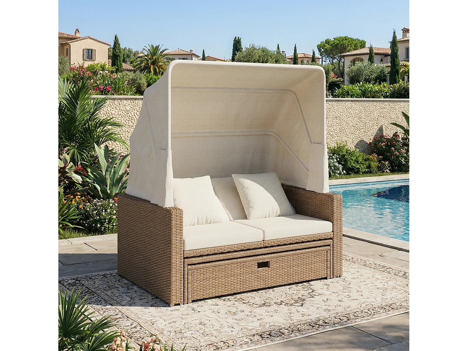 Ensemble salon de jardin 2-4 places - avec canapé extensible + table + auvent amovible - rotin PE et mousse - kaki