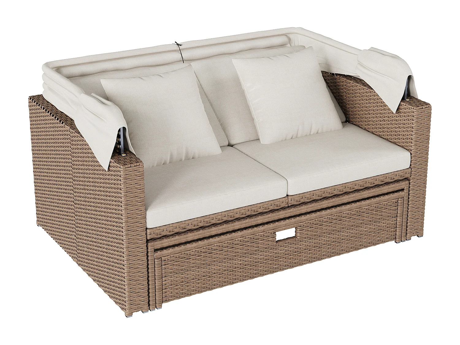 Ensemble salon de jardin 2-4 places - avec canapé extensible + table + auvent amovible - rotin PE et mousse - kaki