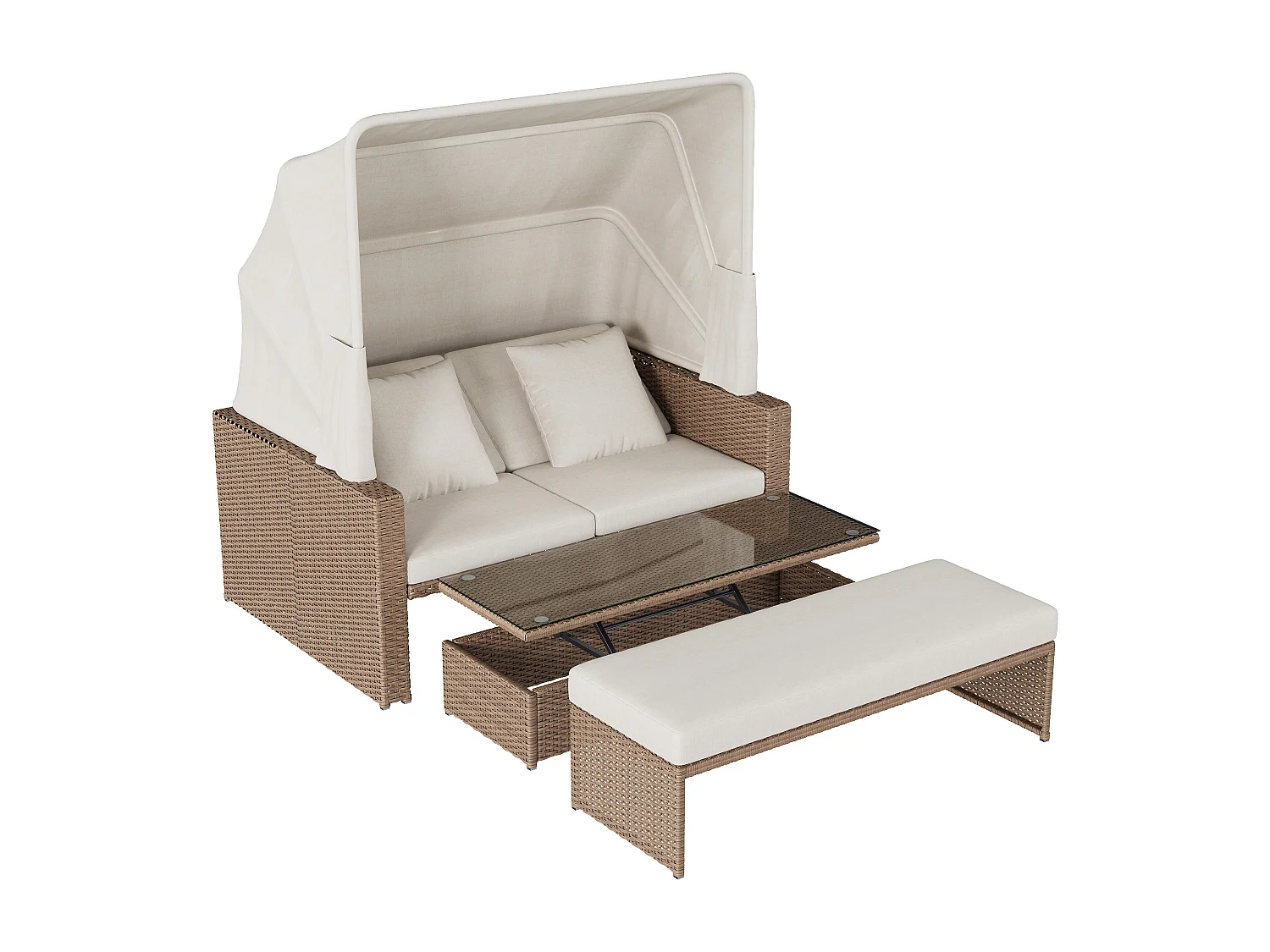 Ensemble salon de jardin 2-4 places - avec canapé extensible + table + auvent amovible - rotin PE et mousse - kaki