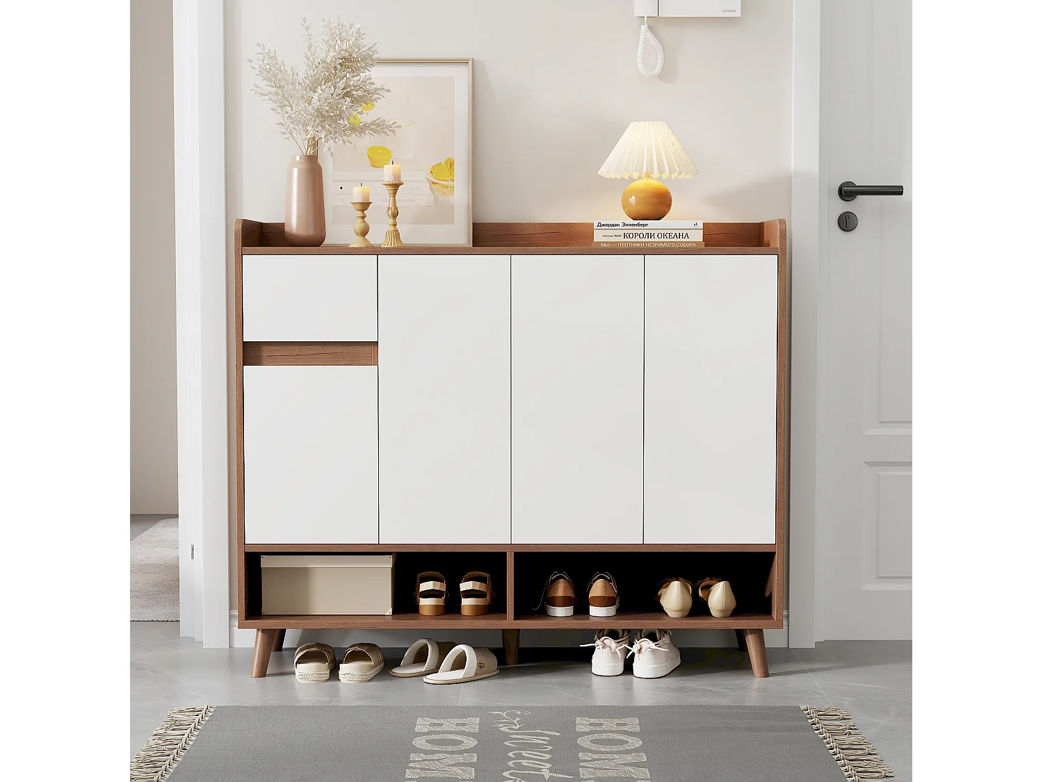 Meuble à chaussures moderne - 120 x 35 x 99 cm - avec 4 portes + 1 tiroir + étagère réglable - aggloméré - naturel + blanc