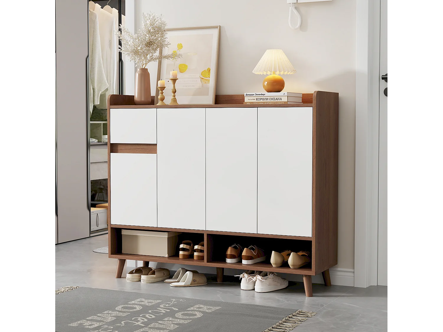 Meuble à chaussures moderne - 120 x 35 x 99 cm - avec 4 portes + 1 tiroir + étagère réglable - aggloméré - naturel + blanc