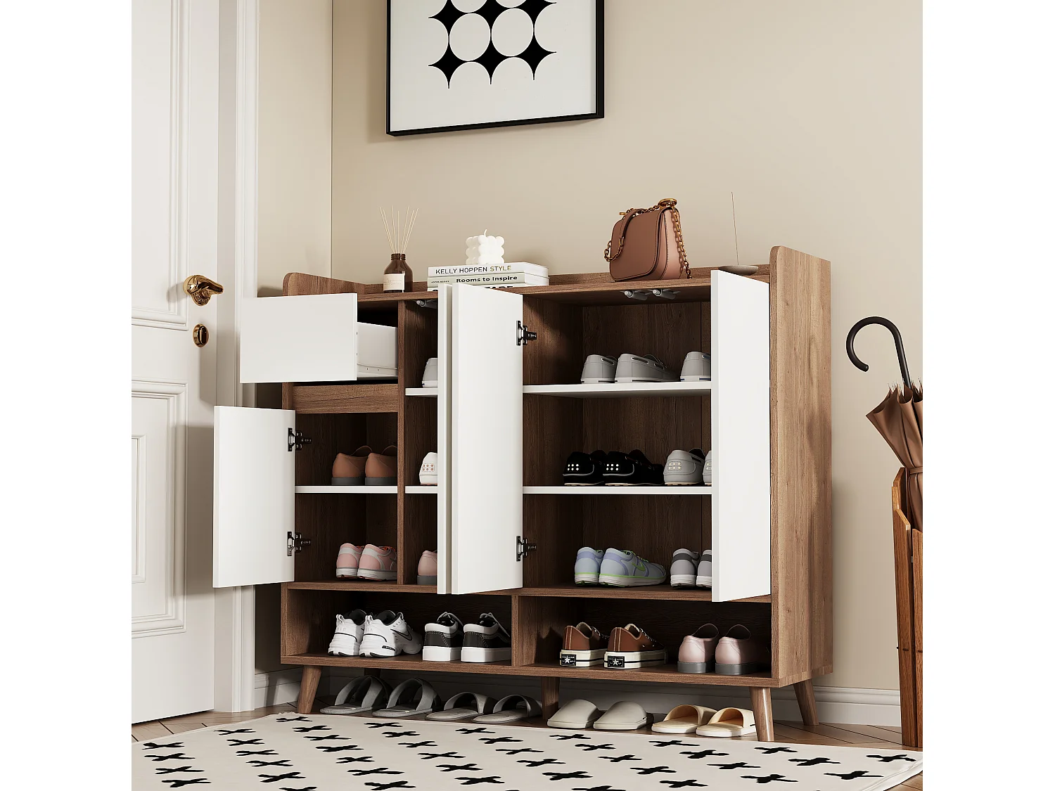 Meuble à chaussures moderne - 120 x 35 x 99 cm - avec 4 portes + 1 tiroir + étagère réglable - aggloméré - naturel + blanc