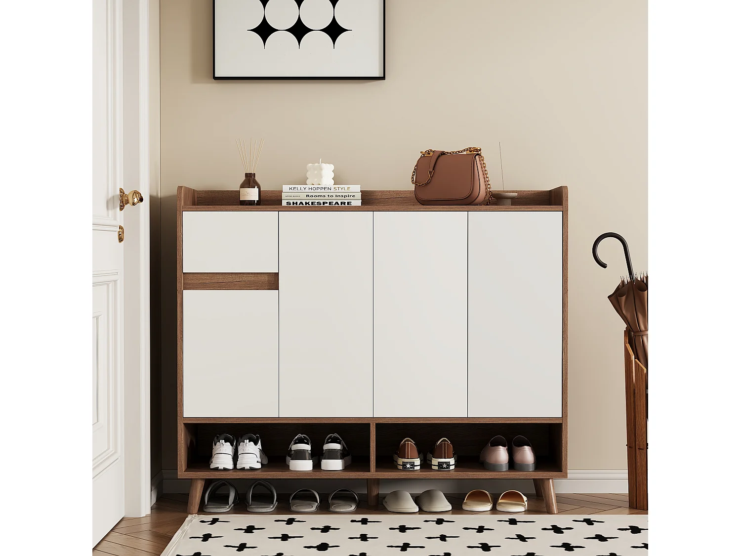 Meuble à chaussures moderne - 120 x 35 x 99 cm - avec 4 portes + 1 tiroir + étagère réglable - aggloméré - naturel + blanc