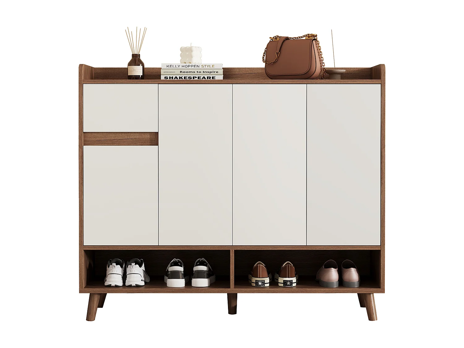 Meuble à chaussures moderne - 120 x 35 x 99 cm - avec 4 portes + 1 tiroir + étagère réglable - aggloméré - naturel + blanc