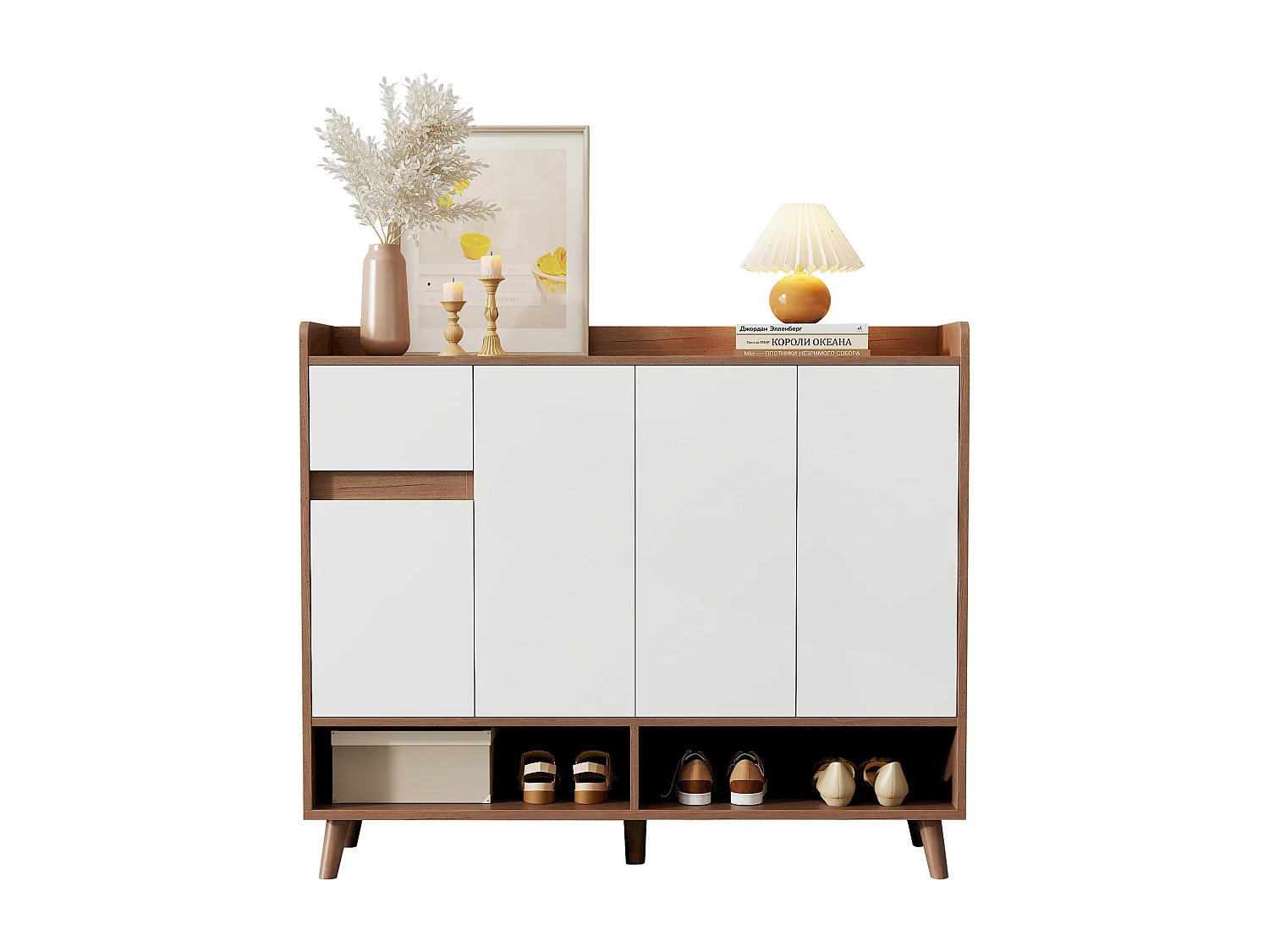 Meuble à chaussures moderne - 120 x 35 x 99 cm - avec 4 portes + 1 tiroir + étagère réglable - aggloméré - naturel + blanc