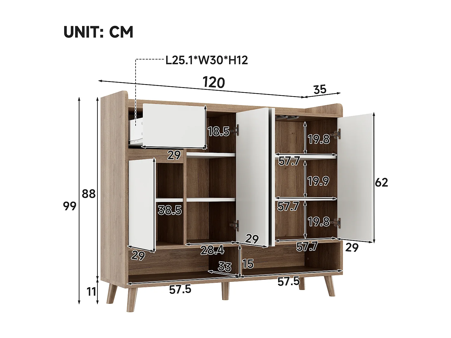Meuble à chaussures moderne - 120 x 35 x 99 cm - avec 4 portes + 1 tiroir + étagère réglable - aggloméré - naturel + blanc