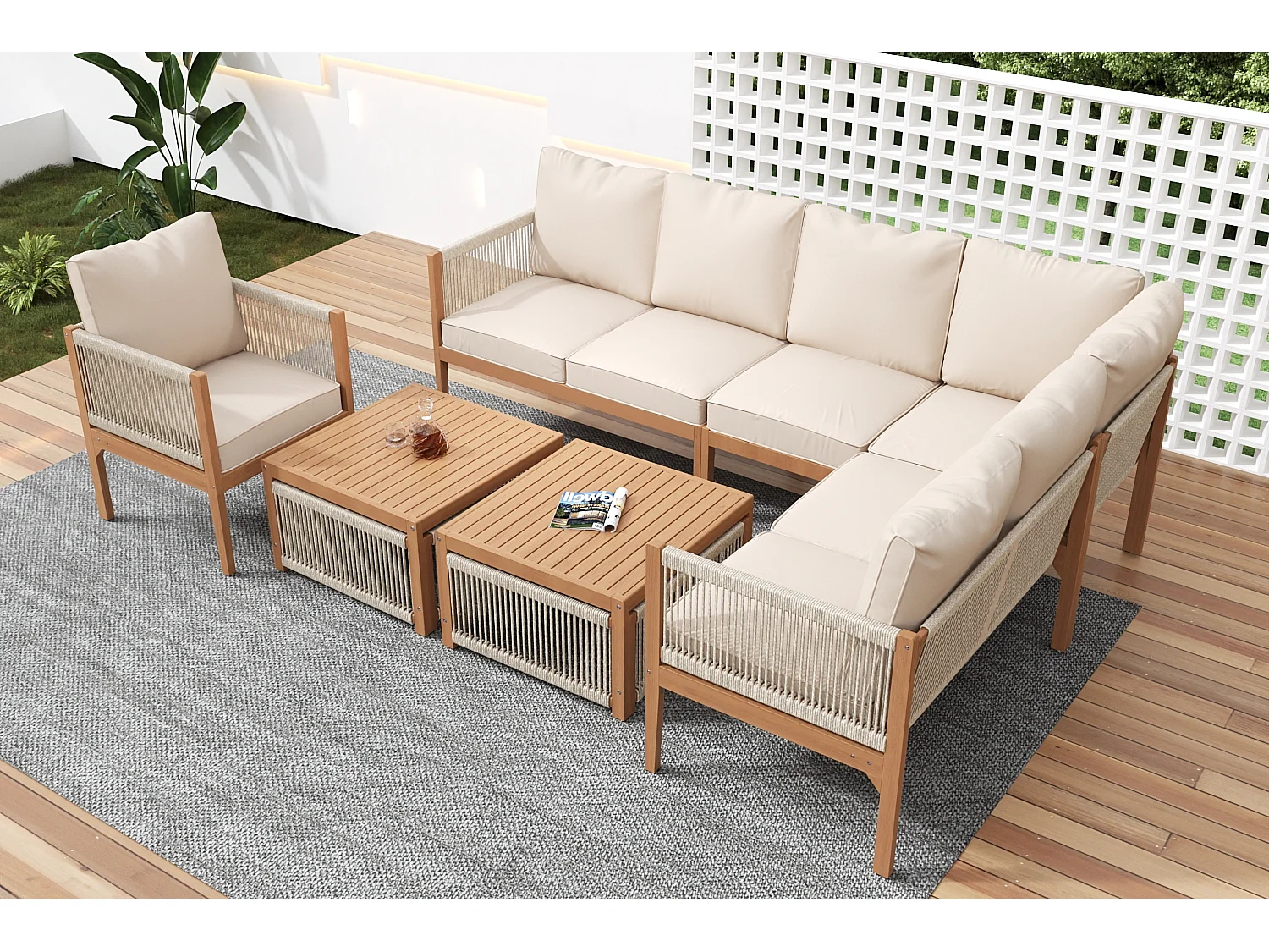 Gartenmöbelset für 7–8 Personen – 240 x 184 x 64 cm – bestehend aus Sofa, Tisch und Sessel – Polyester – Beige