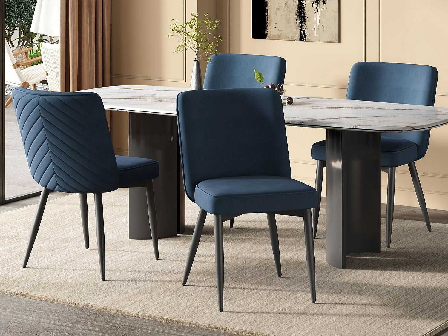 Lote de 4 sillas - Con respaldos cómodos - Estilo moderno - Tejido de terciopelo - Azul oscuro