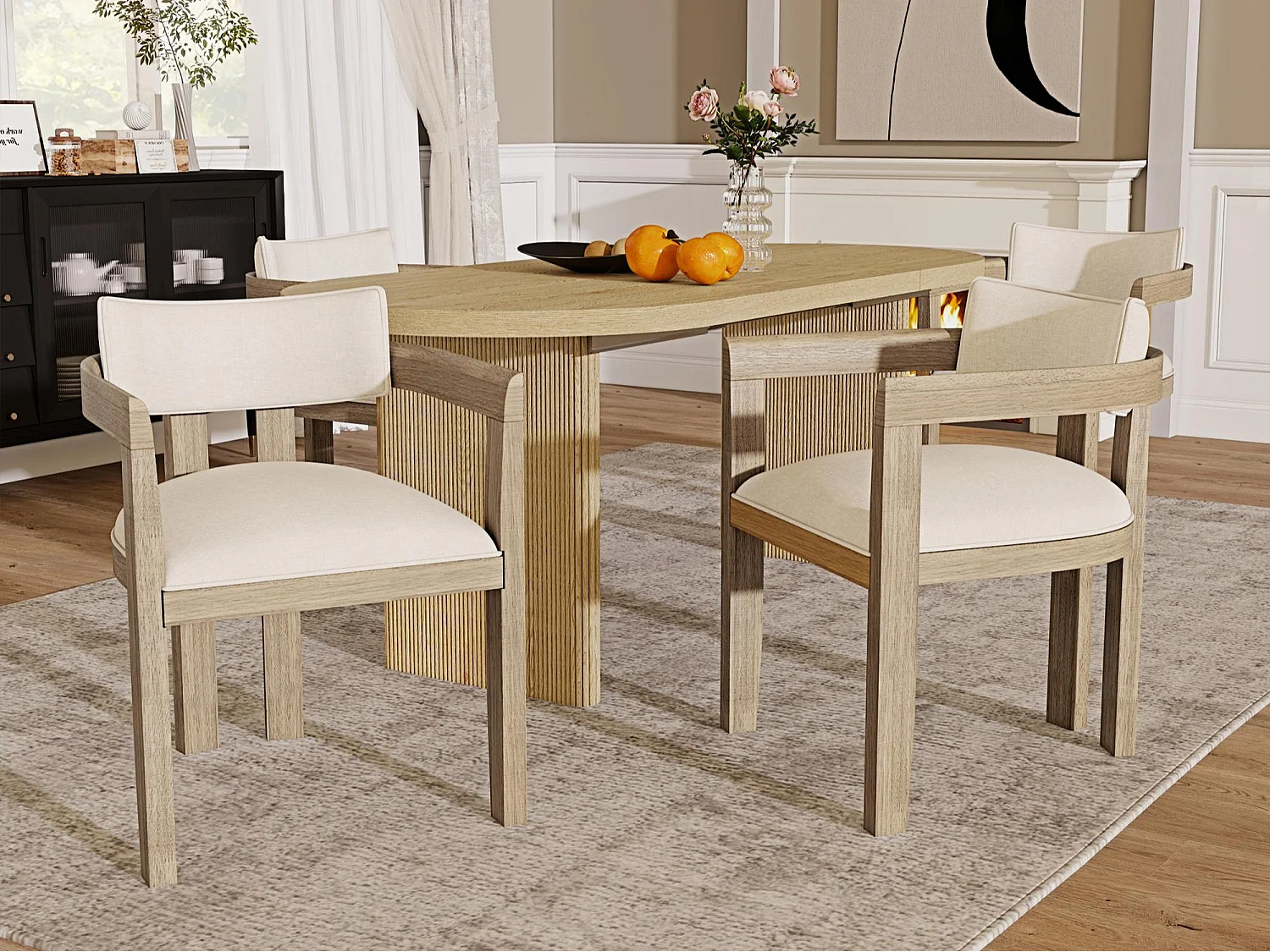 Kit di 4 sedie in legno massello con braccioli - struttura in legno massello - rivestimento in lino - naturale