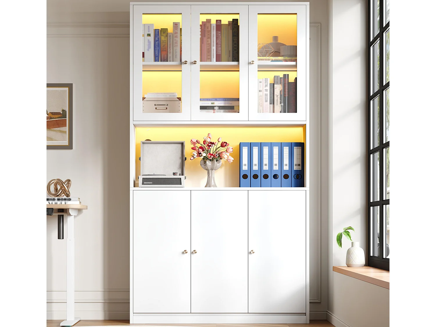 Vitrine/Bücherregal aus Glas 100×35×200 cm - mit LED-Beleuchtung - offene Regale und 6 Türen - MDF - weiß