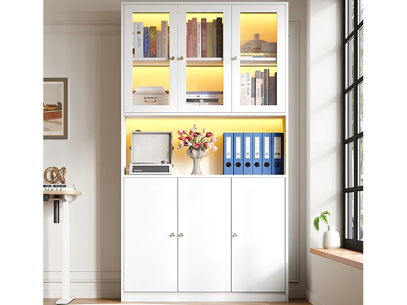 Vitrine/Bücherregal aus Glas 100×35×200 cm - mit LED-Beleuchtung - offene Regale und 6 Türen - MDF - weiß