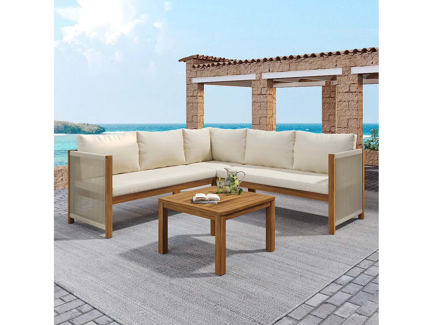 Ensemble de mobilier de jardin - 185.5 x 185.5 x 71.5 - avec canapé d'angle + table basse - acacia - beige