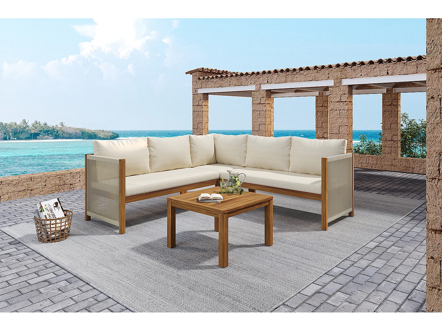 Ensemble de mobilier de jardin - 185.5 x 185.5 x 71.5 - avec canapé d'angle + table basse - acacia - beige