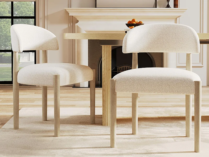 Satz mit 2 Massivholz-Stühlen - Moderner Stil - Gestell aus Massivholz - Bouclé-Stoff - Naturfarbe