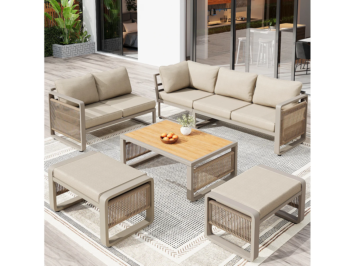 Zestaw mebli ogrodowych 6-7-osobowy - sofa + stół + 2 hokery + poduszki na siedzisko i oparcie - metal - beżowy