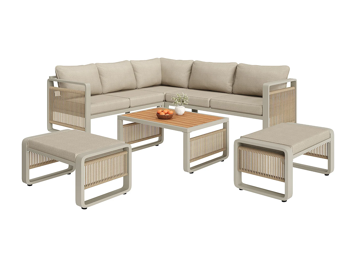 Zestaw mebli ogrodowych 6-7-osobowy - sofa + stół + 2 hokery + poduszki na siedzisko i oparcie - metal - beżowy